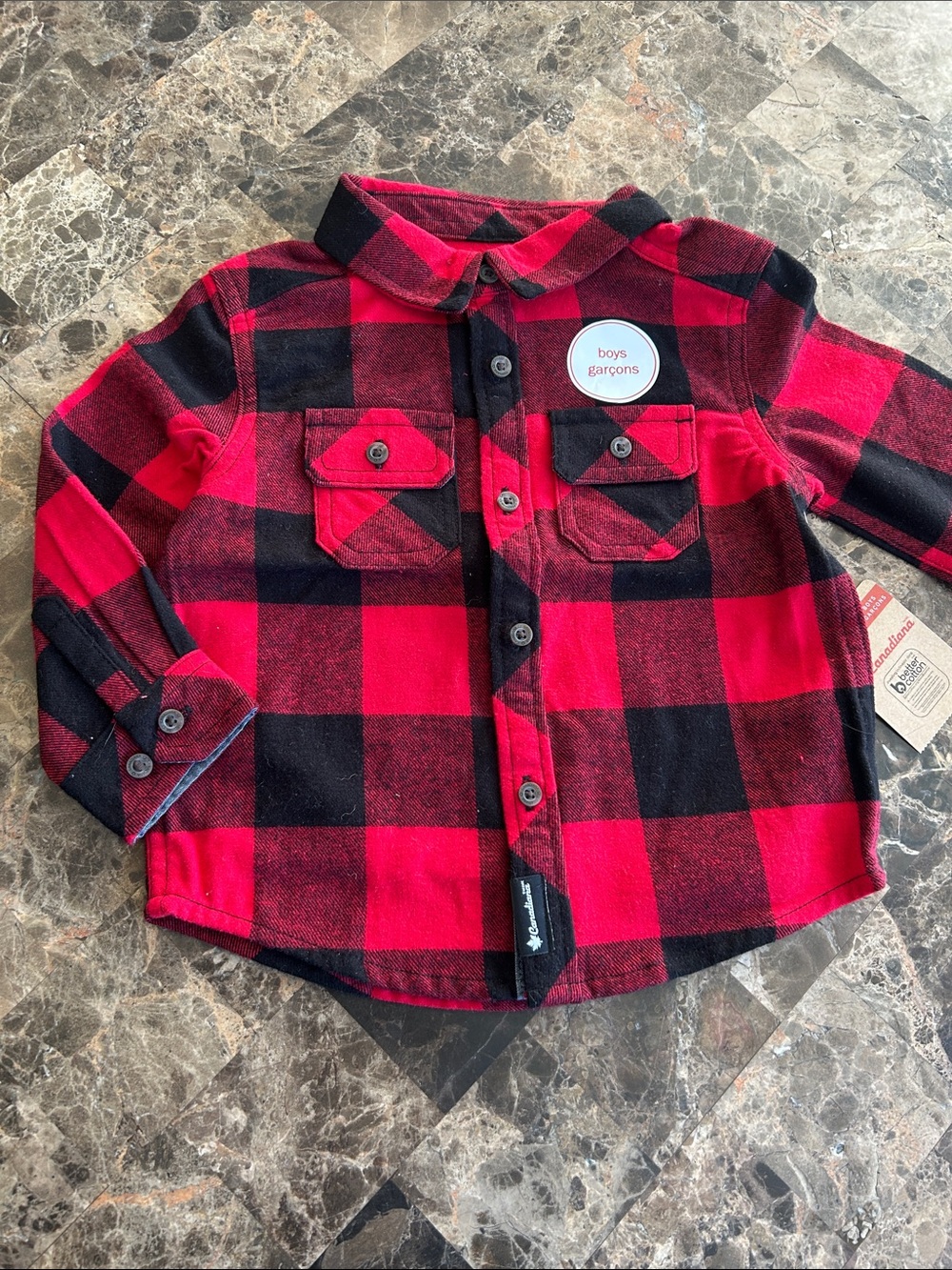 NWT 🆕 Canadiana Boys Red & Black Buffalo Plaid Button Shirt 100% Cotton size 2T